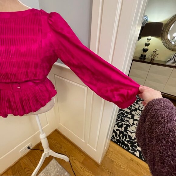 Vintage Argenti 100% Silk Satin Pleated Peplum Blouse Puff Sleeve Pink 12 - Picture 5 of 10